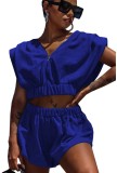 Blue Zip Up Short Sleeve Top and Shorts Set