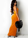 Orange Sexy O-Ring Halter Crop Top and Slit Long Skirt Set