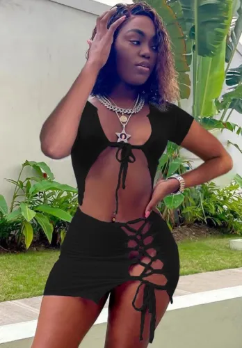 Sexy Black Tie Front Crop Top & Lace Up Mini Skirt Set