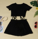 Leisure Black Drawstrings Crop Top and Shorts 2PCS Set