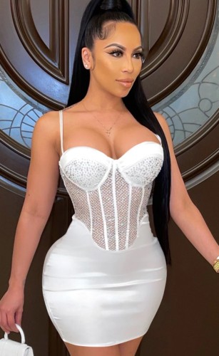 White Rhinestone Sexy Cami Bodycon Dress
