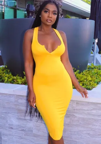 Yellow Sexy Skinny Sleeveless Midi Dress