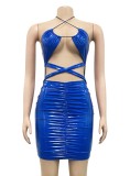 Blue Patent PU Leather Cut Out Halter Bodycon Dress
