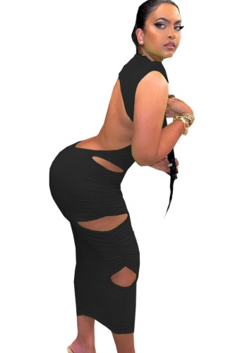 Sexy Black Cut Out High Neck Sleeveless Bodycon Midi Dress