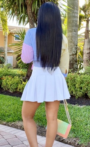 3/4 Sleeve Striped Blouse and Pleated Mini Skirt Sexy Two Piece Outfits