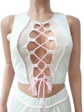 Contrast White Sexy Lace-Up Crop Tank and Pants Set