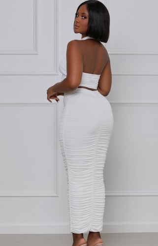 White Wrap Halter Crop Top and Ruched Midi Skirt 2PCS Set