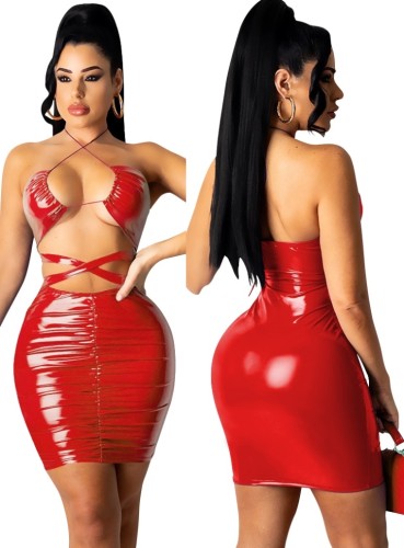 Red Patent PU Leather Cut Out Halter Bodycon Dress