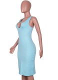 Blue Sexy Skinny Sleeveless Midi Dress