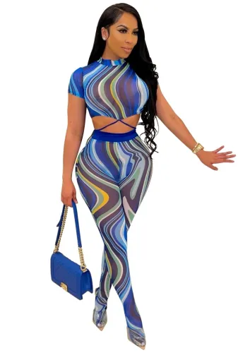 Geometric Print Sexy Bodycon Crop Top and Pants Set