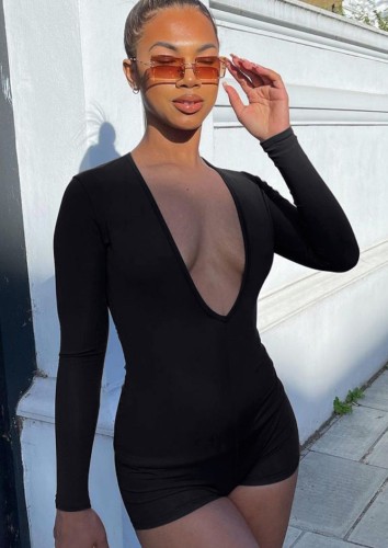 Sexy Black Long Sleeve Plunge Bodycon Rompers