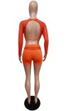 Orange Sexy Full Sleeve Crop Top and Shorts Set
