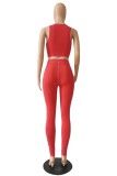 Contrast Red Sexy Lace-Up Crop Tank and Pants Set