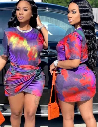 Tie Dye Wrap Ruched Short Sleeve Mini Dress