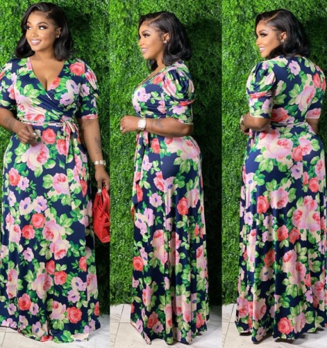 Plus Size Floral Puff Sleeve Tie Waist Wrap Maxi Dress