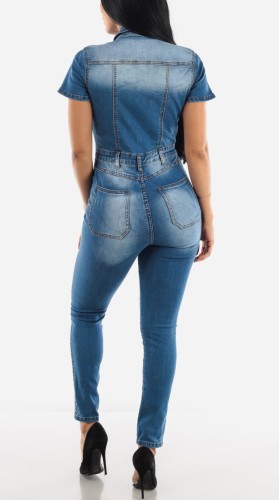 Sexy Blue Zip Up Short Sleeve Fitted Denim Jumpsuit