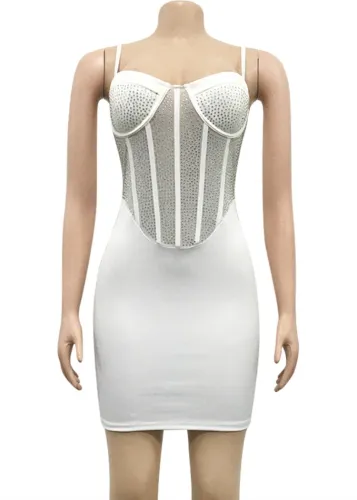 White Rhinestone Sexy Cami Bodycon Dress