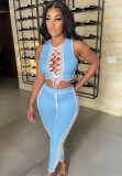 Contrast Blue Sexy Lace-Up Crop Tank and Pants Set