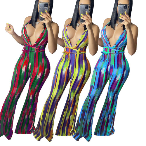 Multicolor Striped Deep V Strap Flare Jumpsuit