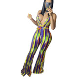 Multicolor Striped Deep V Strap Flare Jumpsuit