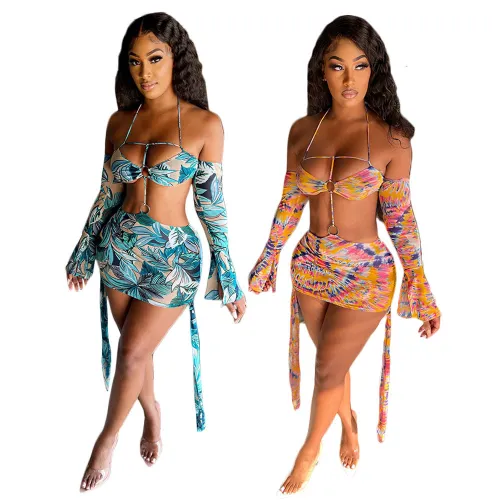 Print Blue Floral Sexy Hollow Out O-Ring Halter Club Dress