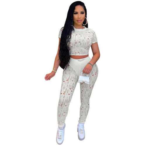 Hollow Out White Sexy Crop Top and Pants Two Piece Set