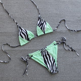 Print Spliced Pink Halter Tie Sides Bikini Set
