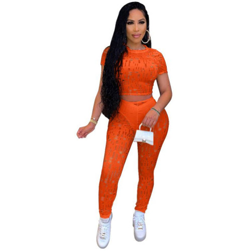 Hollow Out Orange Sexy Crop Top and Pants Two Piece Set