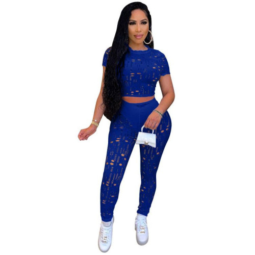 Hollow Out Blue Sexy Crop Top and Pants Two Piece Set