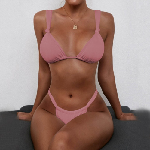 Pink Ribbed Knot Thong Bikini Set