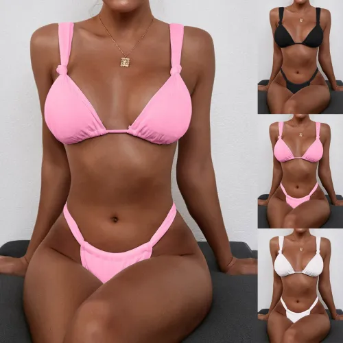 Pink Ribbed Knot Thong Bikini Set
