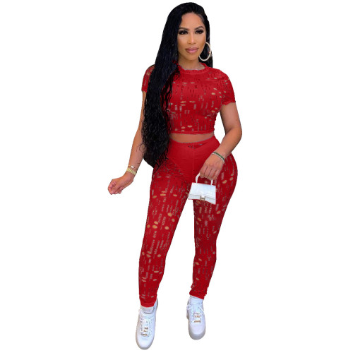 Hollow Out Red Sexy Crop Top and Pants Two Piece Set