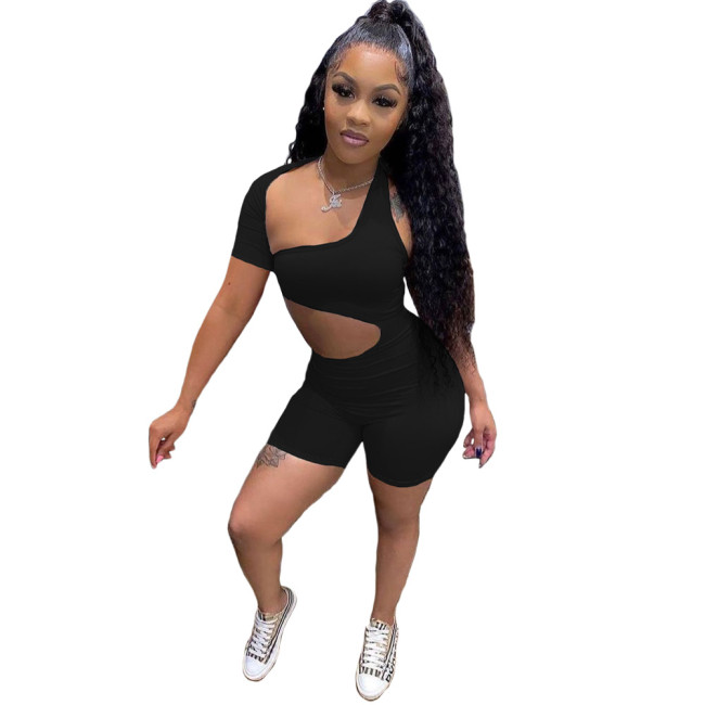 Black One Shoudler Cut Out Sexy Bodycon Rompers