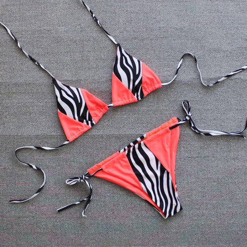 Print Spliced Orange Halter Tie Sides Bikini Set