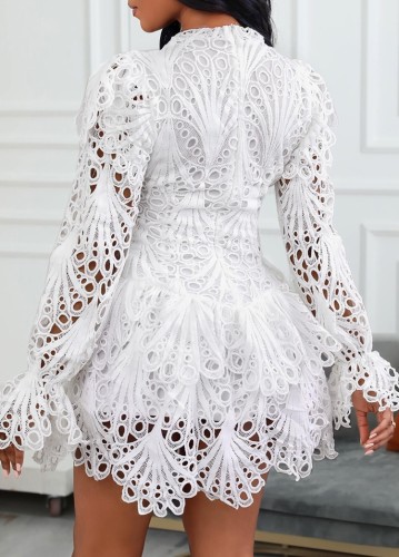 Long Sleeve White Hollow Out Lace Elegant Short Dress