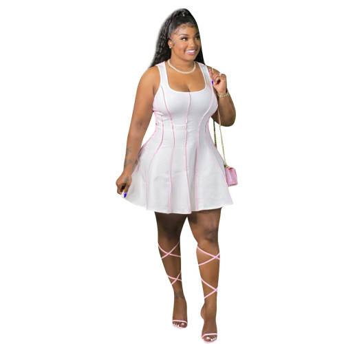 Plus Size White Sleeveless Skater Dress with Contrast Piping