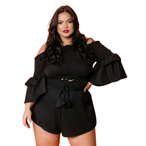 Black Ruffle Shirred Off Shoulder Plus Size Two Piece Shorts Set