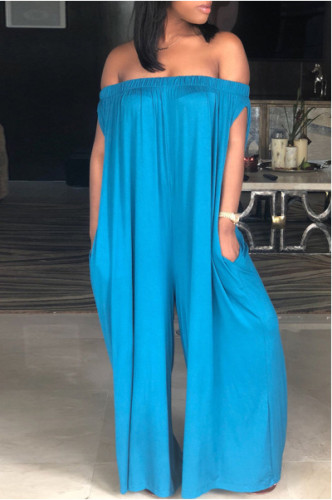 Off Shoulder Blue Loose Wide Leg Jumpsuit