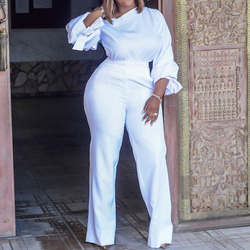 Formal White Puff Sleeve High Waist Wide Leg Jumpsuit