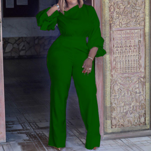 Formal Green Puff Sleeve High Waist Wide Leg Jumpsuit