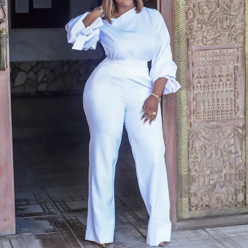 Formal Red Puff Sleeve High Waist Wide Leg Jumpsuit