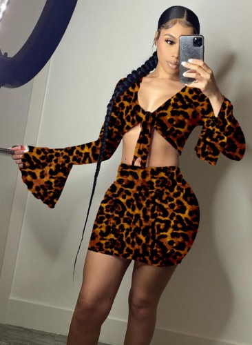 Leopard Long Sleeve Tie Front Crop Top and Mini Skirt Set