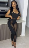 Black See Through Mesh Patchwork Sexy Bodysuit and Pants 2PCS
