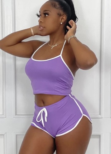 Purple Halter Top and Shorts Two Pieces Sports Suit