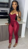 Burgundy See Through Mesh Patchwork Sexy Bodysuit and Pants 2PCS