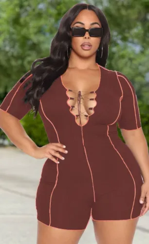 Plus Size Brown Sexy Lace-Up Short Sleeve Bodycon Rompers