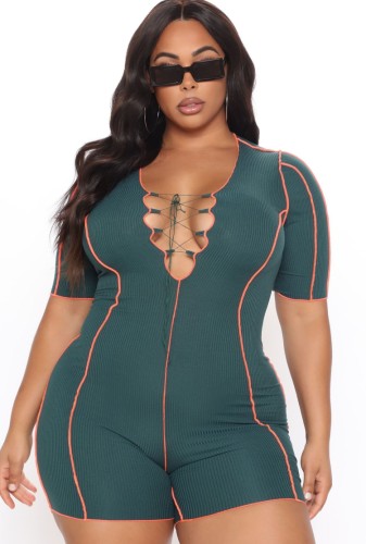 Plus Size Green Sexy Lace-Up Short Sleeve Bodycon Rompers