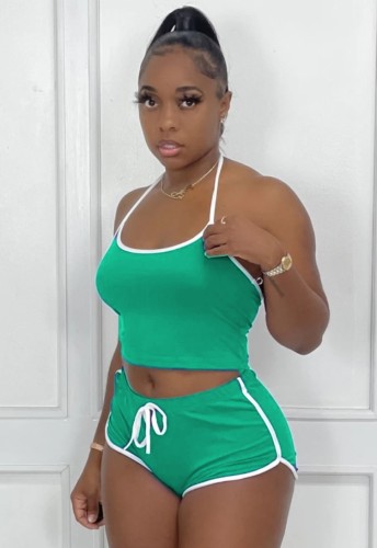 Green Halter Top and Shorts Two Pieces Sports Suit