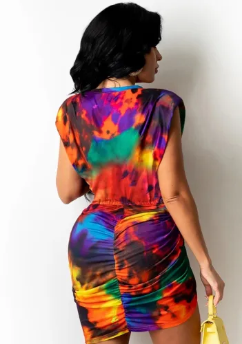 Print Multicolor Crop Top and Ruched Asymetric Mini Skirt Set