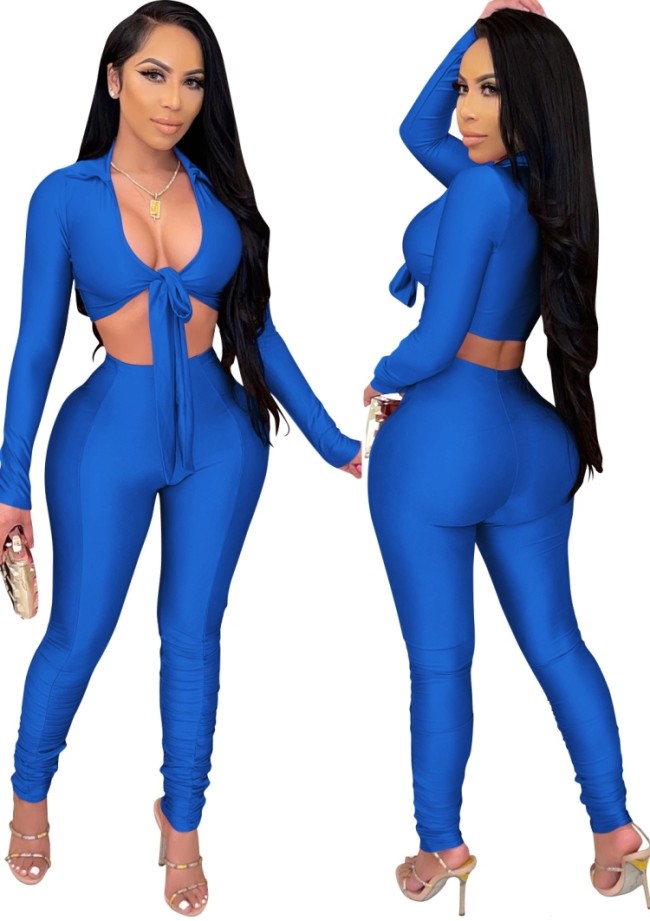 Sexy Blue Long Sleeve Tie Crop Top and High Waist Stack Pants Set